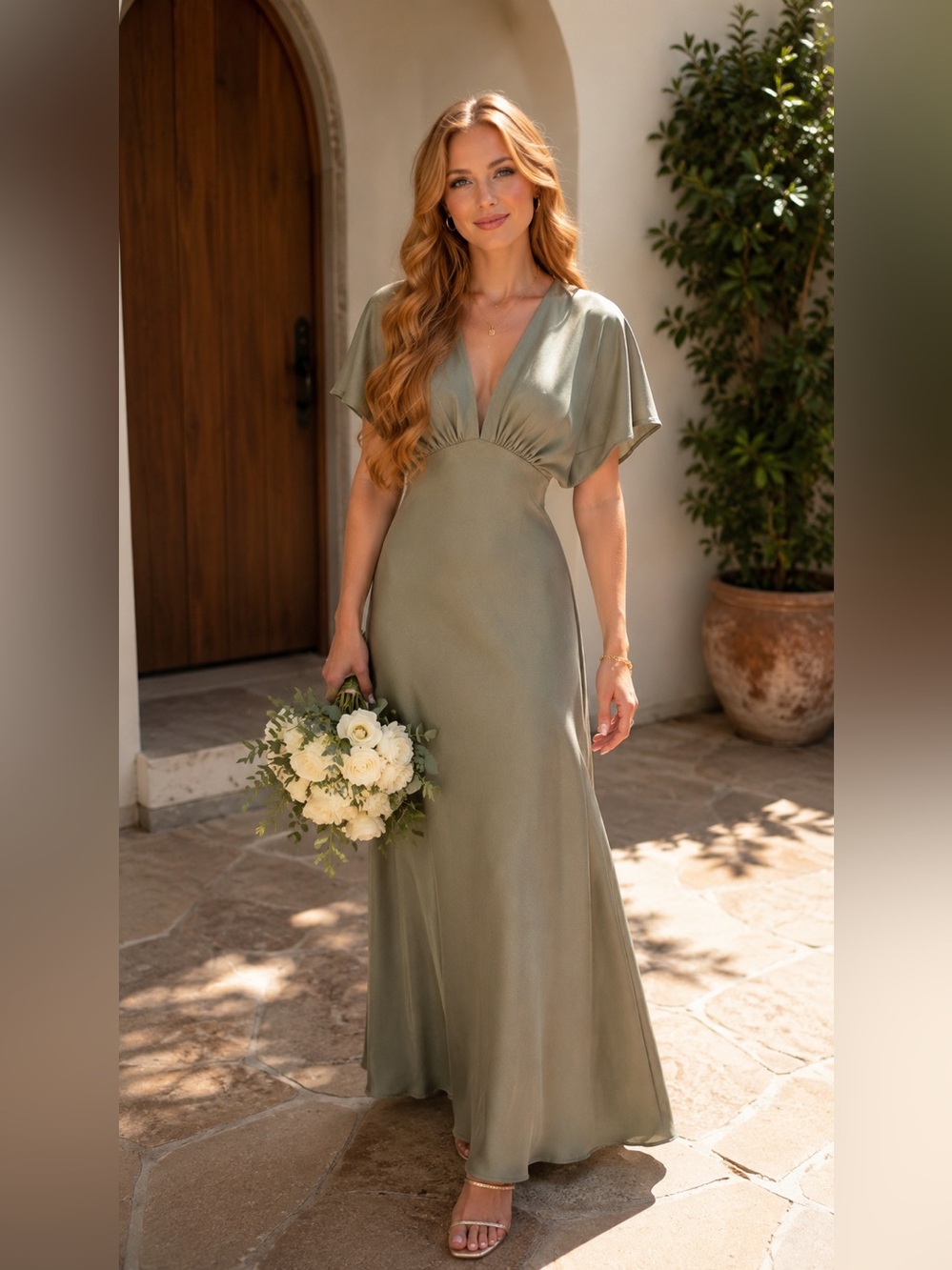 BHLDN Sage Green V-Neck Flutter Sleeve Maxi Dress